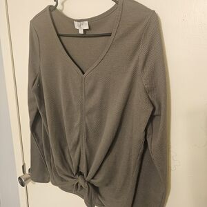 LOFT Textured V-Neck Knotted Blouse - Taupe